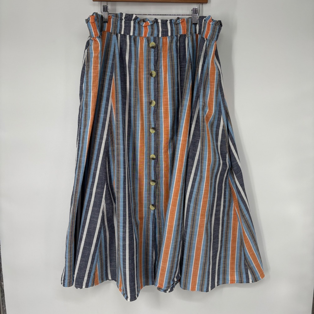 Audrey Lane Striped Midi Skirt 3X Cotton Blend Paperbag Waist Coastal